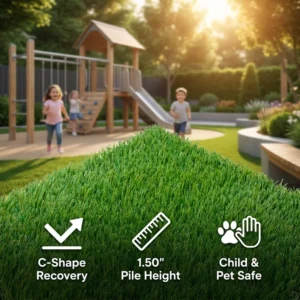 1.50 Inch C-Shape Green Synthetic Turf, High Density Faux Lawn for Commercial, Recreational Yard, Child, Pet