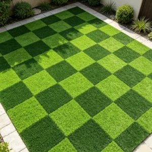 Checkered Artificial Grass Tile Two Tone Green Chessboard Synthetic Turf Mat Outdoor Courtyard