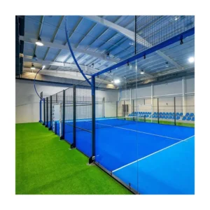 Commercial Indoor Panoramic Padel Court Steel Frame Glass Enclosure Blue Artificial Turf for Sports Complex