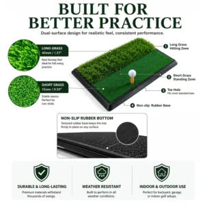 Dual Grass Surface Golf Hitting Mat Portable Shock Absorbing Rubber Base for Driver Wedge Iron Training