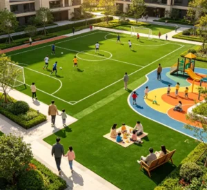 Fireproof UV-Resistant Plastic Artificial Grass Mat 14700 Stitches/m for Sports Fields