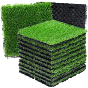 Interlocking Artificial Grass Tiles 30x30cm Self-Draining Turf Deck Tiles with Drainage Holes for Balcony Patio Garden