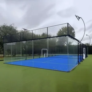Outdoor Panoramic Paddle Tennis Court Galvanized Steel Frame Tempered Glass Panels Artificial Turf Net Post LED Lighting Kit