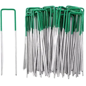 U-Shaped Iron Landscape Staples, Flat Point, Green, for Lawn Turf and Artificial Grass